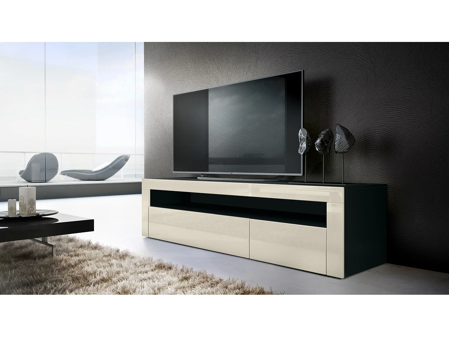 Mobiletto  Valencia, mobile TV con 1 vano a giorno e 2 ante a ribalta, nero opaco/beige lucido/beige lucido (155 x 46 x 40 cm)