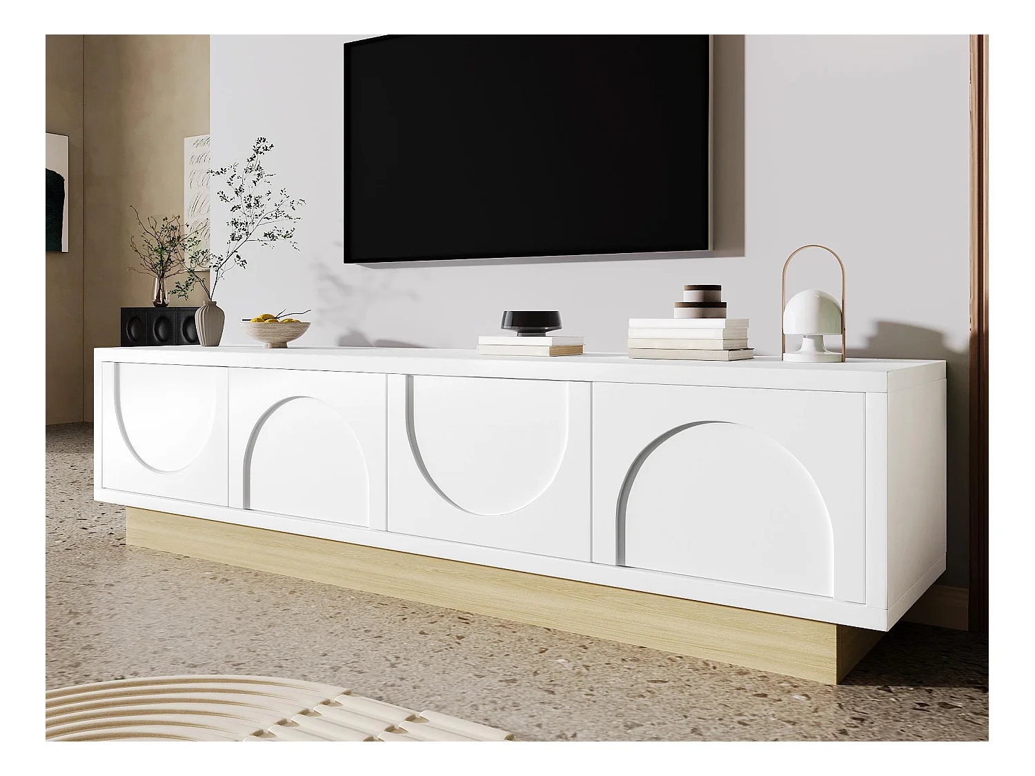 Meuble TV moderne 175x40x42cm - design incurvé - 4 portes - base aspect bois - blanc