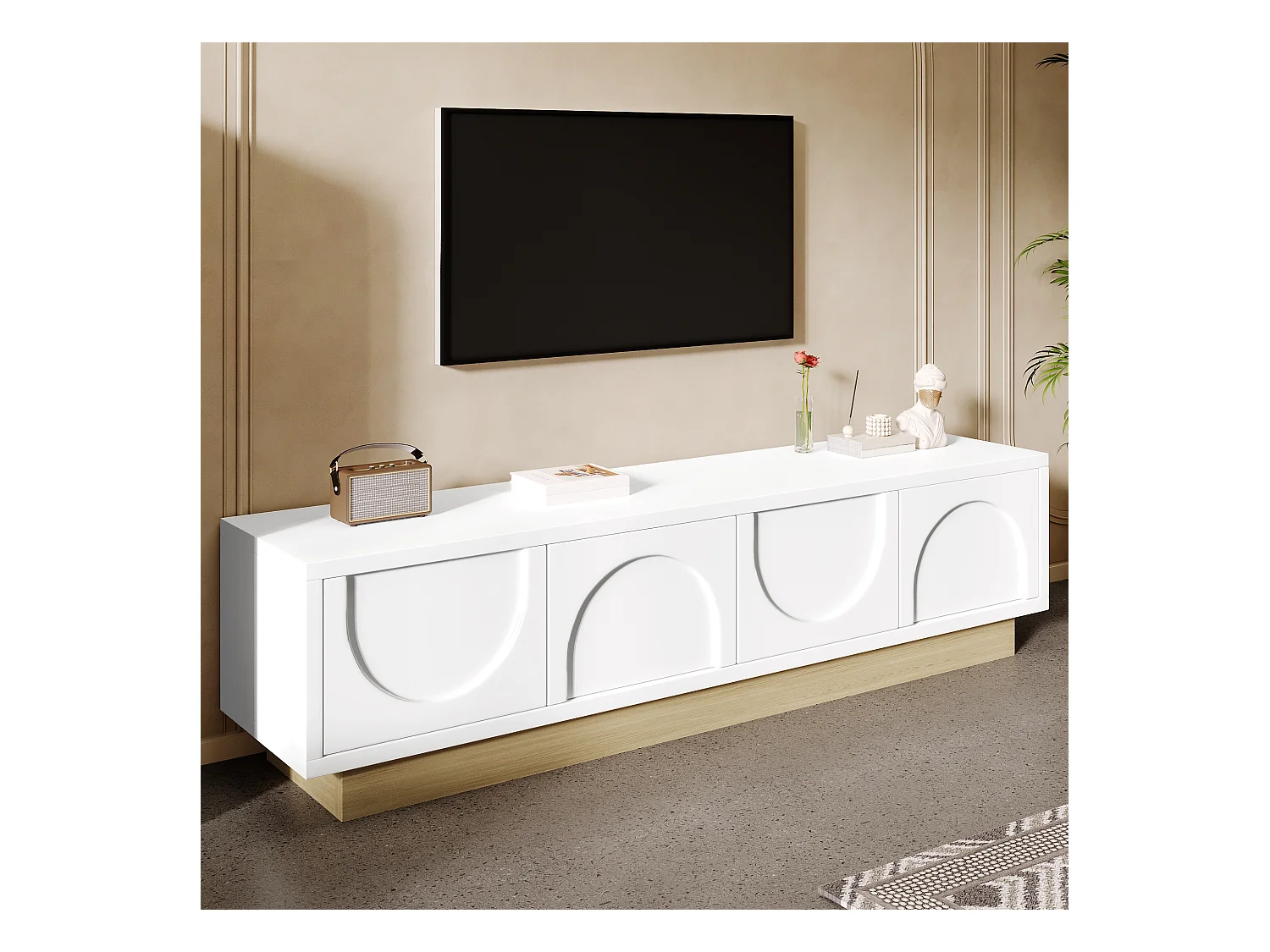 Meuble TV moderne 175x40x42cm - design incurvé - 4 portes - base aspect bois - blanc