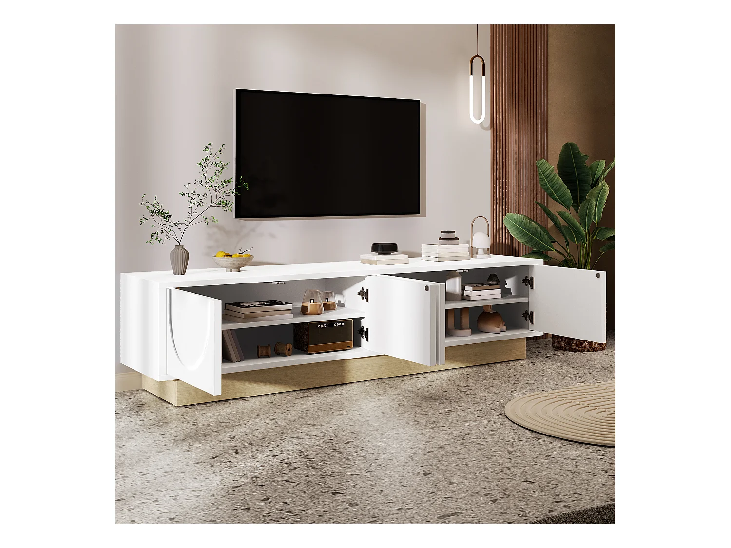 Meuble TV moderne 175x40x42cm - design incurvé - 4 portes - base aspect bois - blanc