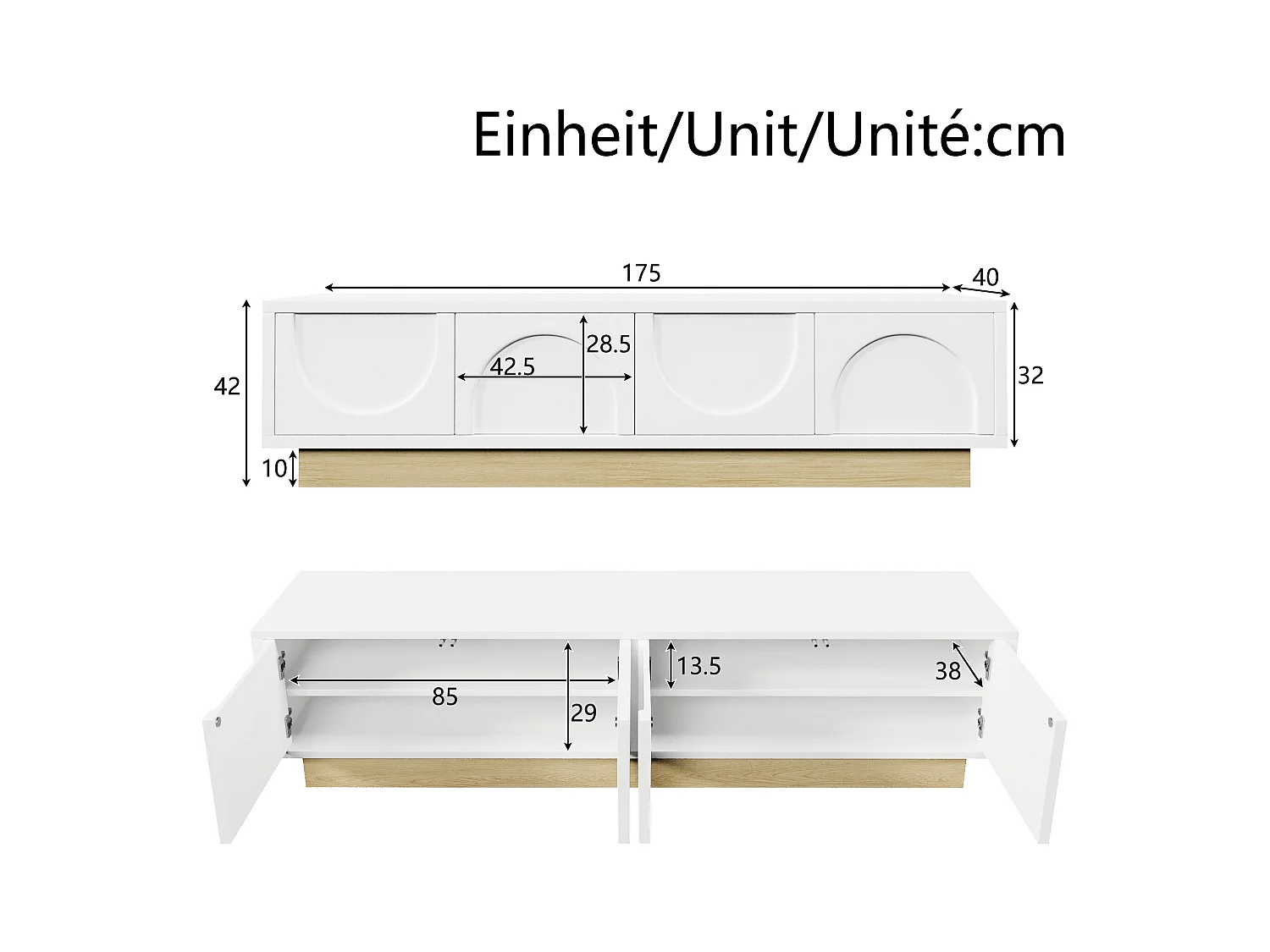 Meuble TV moderne 175x40x42cm - design incurvé - 4 portes - base aspect bois - blanc