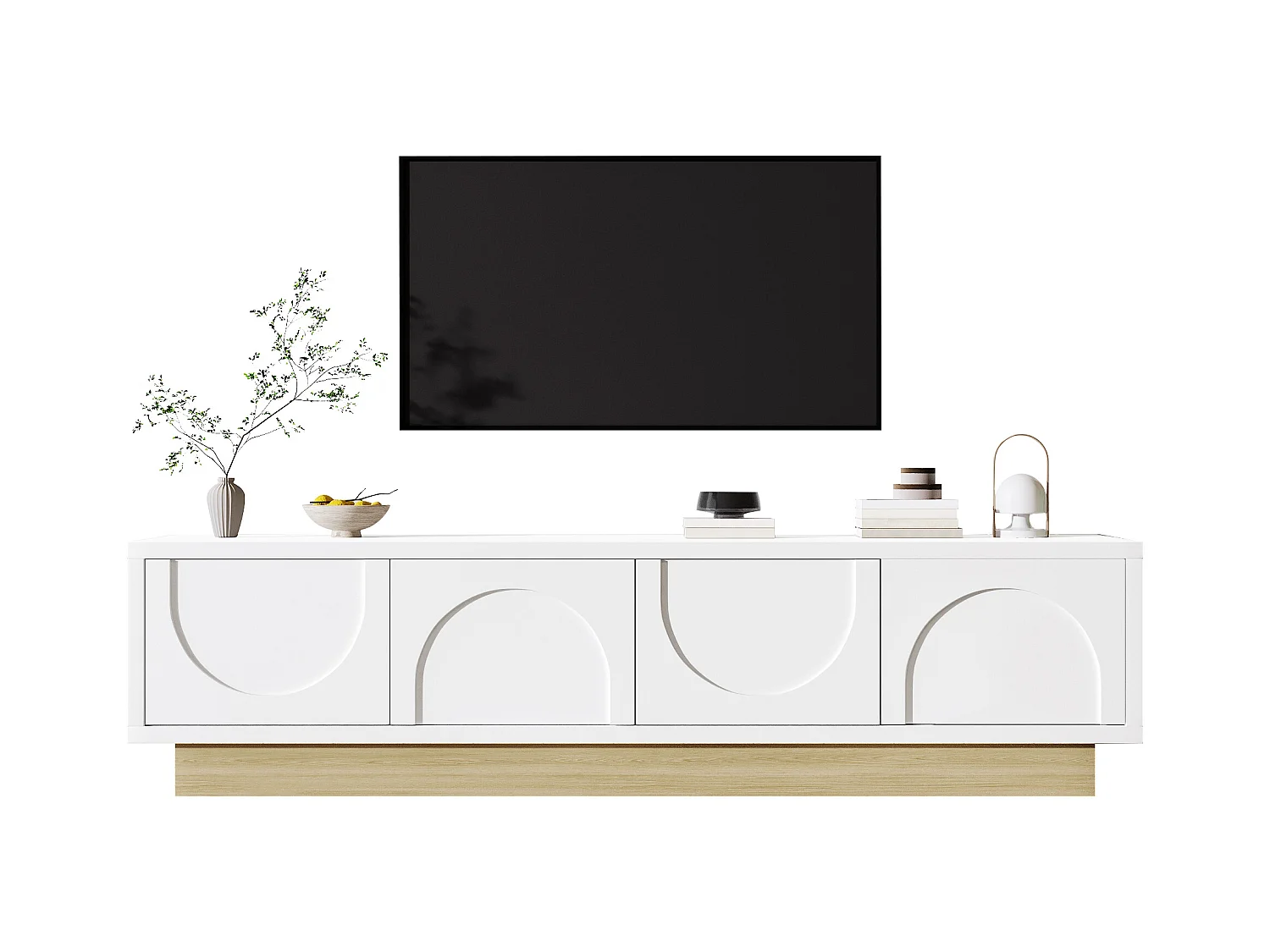 Meuble TV moderne 175x40x42cm - design incurvé - 4 portes - base aspect bois - blanc
