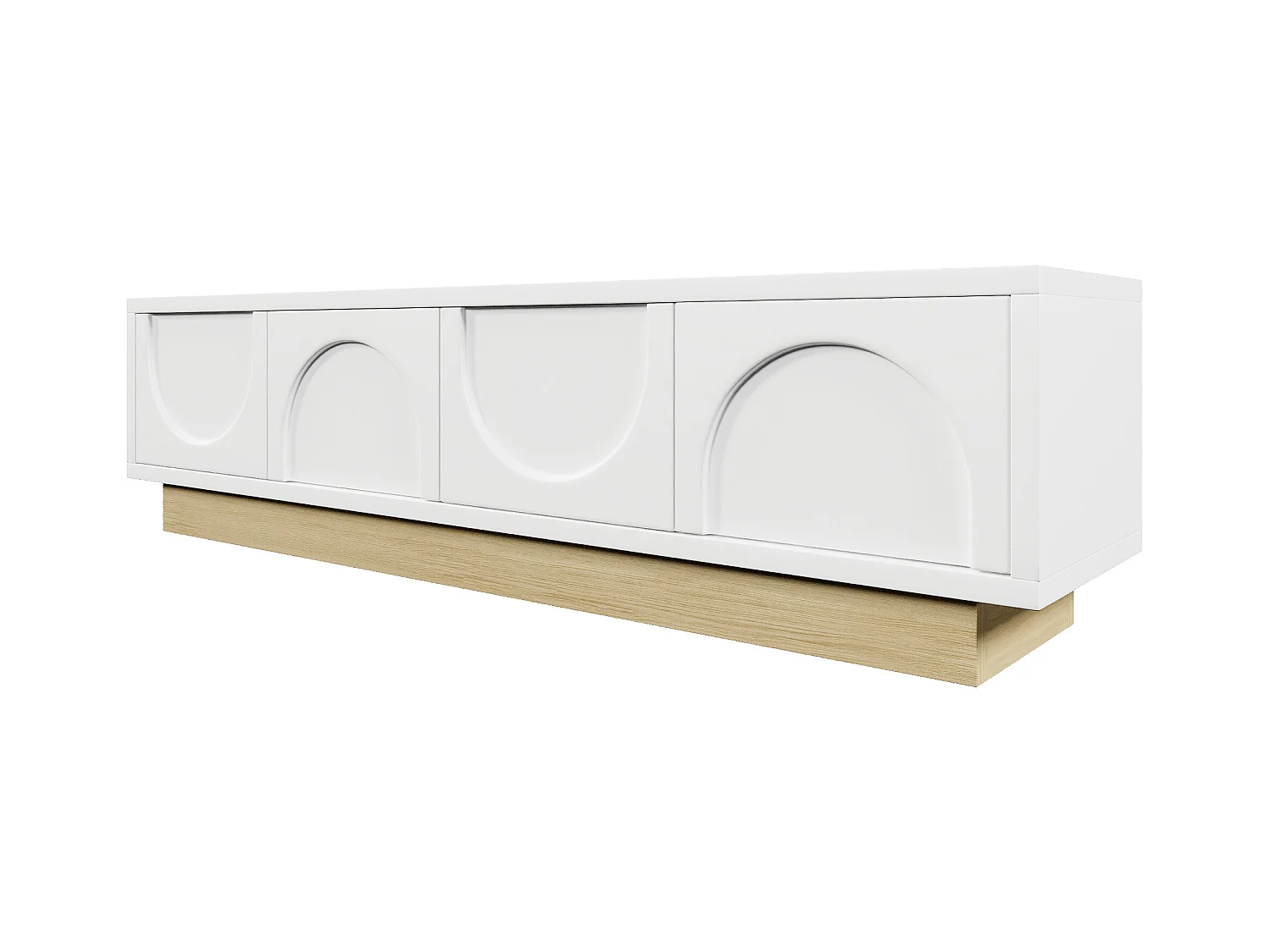 Meuble TV moderne 175x40x42cm - design incurvé - 4 portes - base aspect bois - blanc