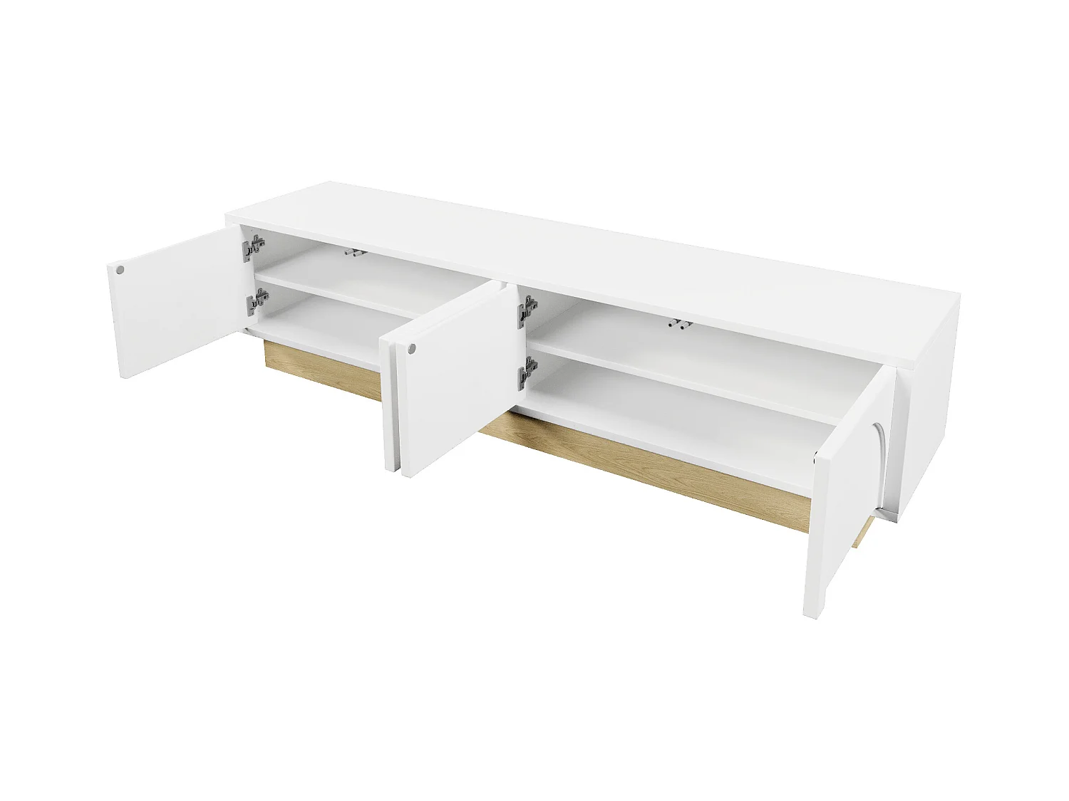 Meuble TV moderne 175x40x42cm - design incurvé - 4 portes - base aspect bois - blanc
