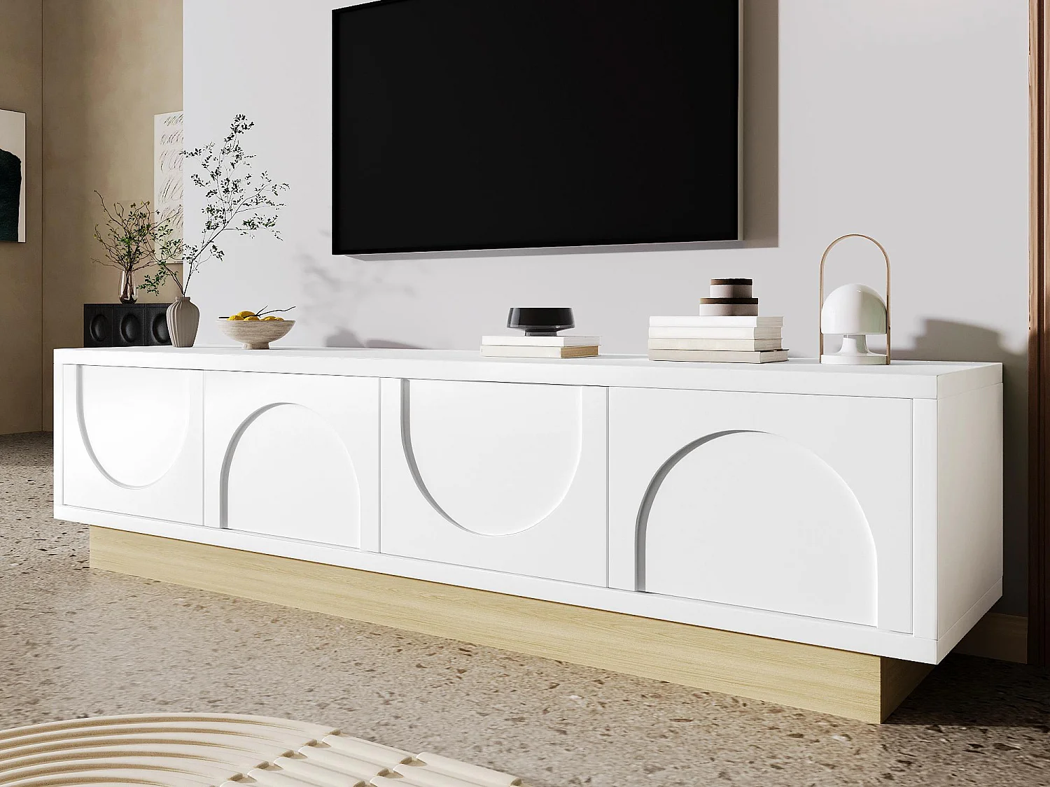Moderne TV-meubel 175x40x42 cm - gebogen ontwerp - 4 deuren - houten uitstraling basis - wit