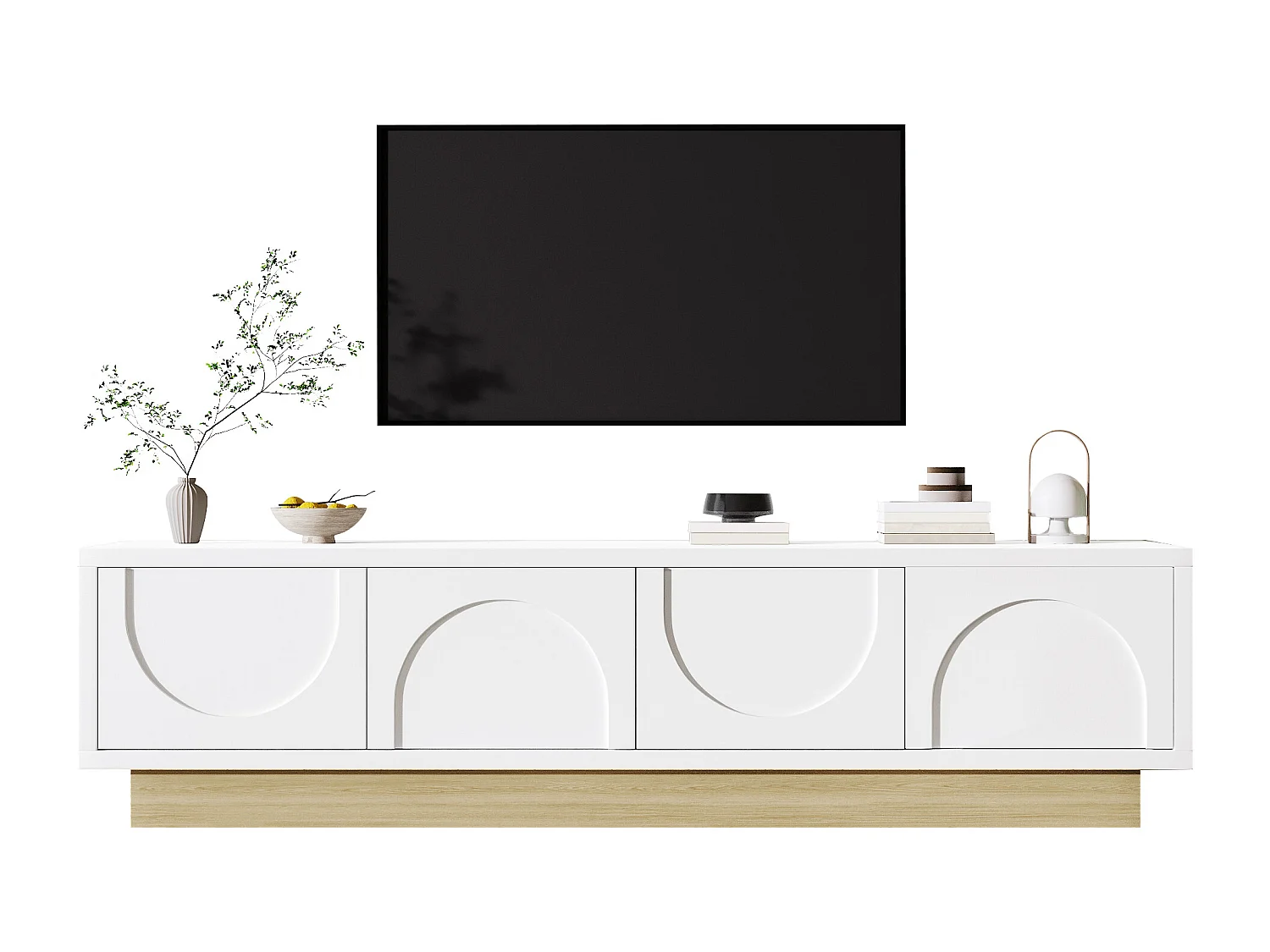 Moderne TV-meubel 175x40x42 cm - gebogen ontwerp - 4 deuren - houten uitstraling basis - wit