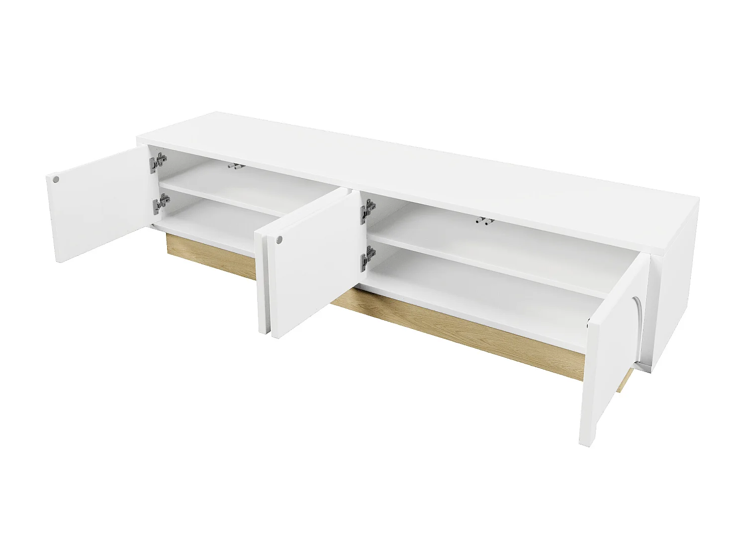 Moderne TV-meubel 175x40x42 cm - gebogen ontwerp - 4 deuren - houten uitstraling basis - wit