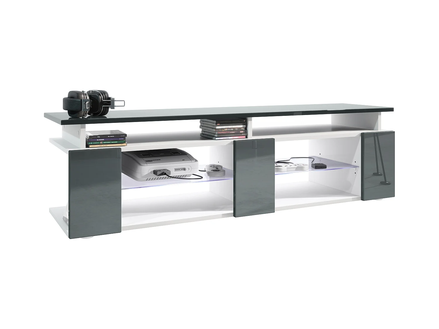 TV Board Movie V2 Game On Lowboard 138,5 x 39 x 39 cm éclairage LED inclus Blanc, caisson en blanc mat, façades en gris haute brillance
