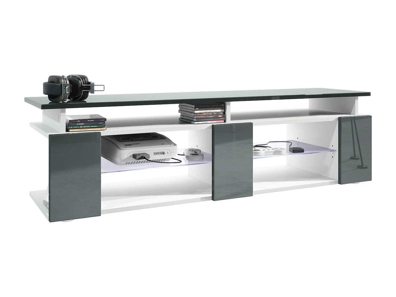 TV Board Movie V2 Game On Lowboard 138,5 x 39 x 39 cm éclairage LED inclus Blanc, caisson en blanc mat, façades en gris haute brillance