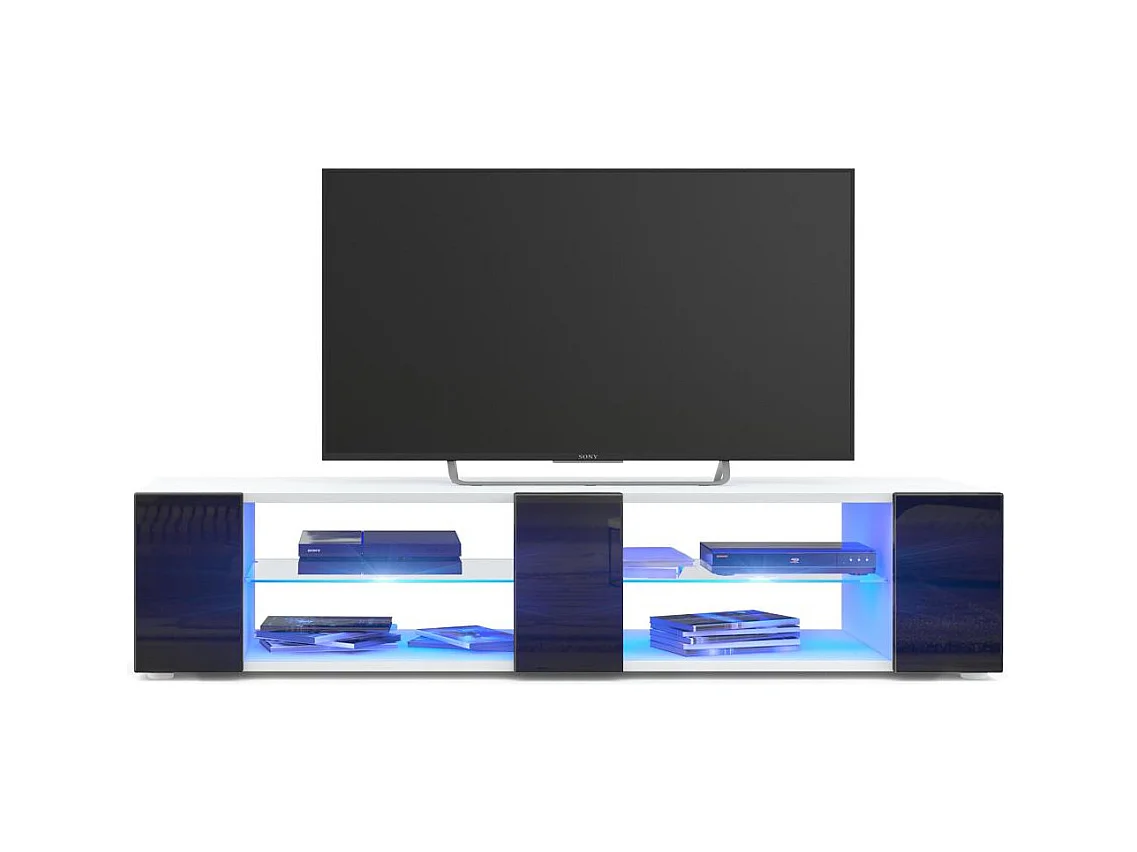 Buffet bas Movie V2, Meuble TV avec 6 compartiments ouverts et placages décoratifs, Blanc mat/Noir brillant, éclairage LED bleu inclus (134 x 29 x 39 cm)