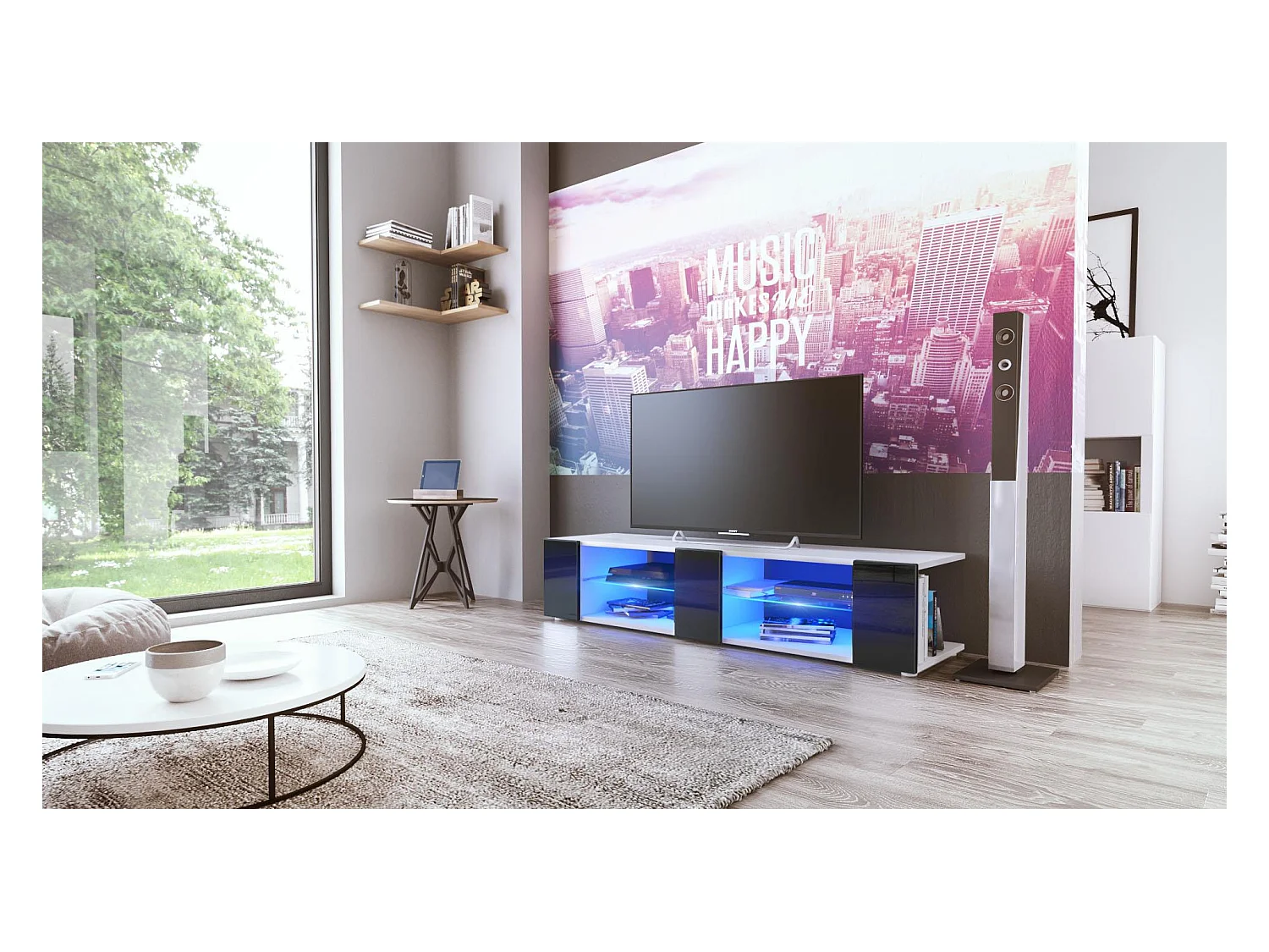 Buffet bas Movie V2, Meuble TV avec 6 compartiments ouverts et placages décoratifs, Blanc mat/Noir brillant, éclairage LED bleu inclus (134 x 29 x 39 cm)