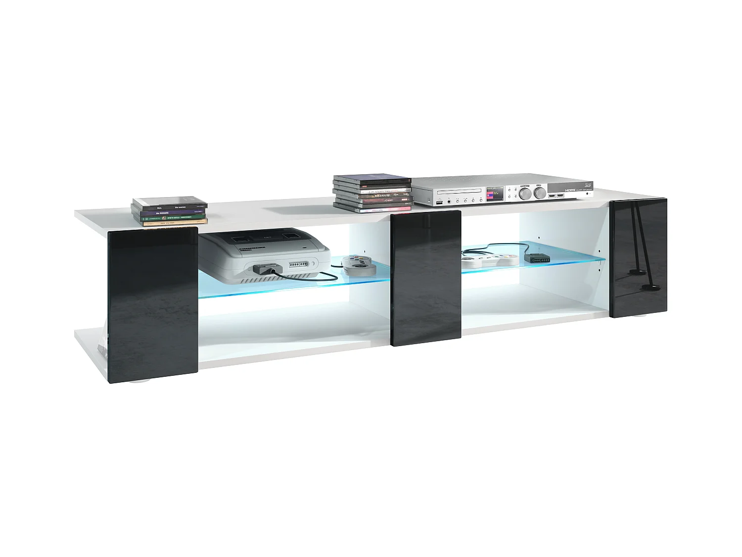 Buffet bas Movie V2, Meuble TV avec 6 compartiments ouverts et placages décoratifs, Blanc mat/Noir brillant, éclairage LED bleu inclus (134 x 29 x 39 cm)