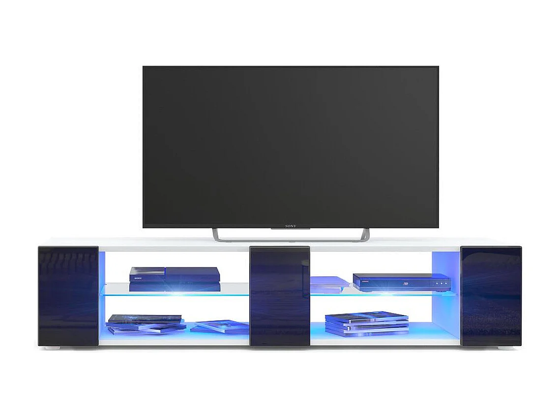 Buffet bas Movie V2, Meuble TV avec 6 compartiments ouverts et placages décoratifs, Blanc mat/Noir brillant, éclairage LED bleu inclus (134 x 29 x 39 cm)