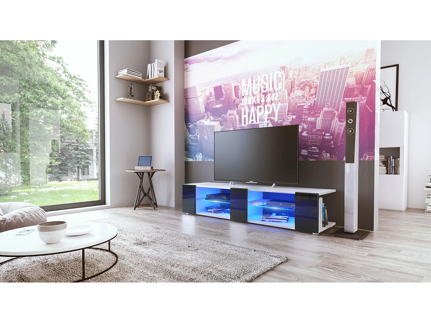 Buffet bas Movie V2, Meuble TV avec 6 compartiments ouverts et placages décoratifs, Blanc mat/Noir brillant, éclairage LED bleu inclus (134 x 29 x 39 cm)