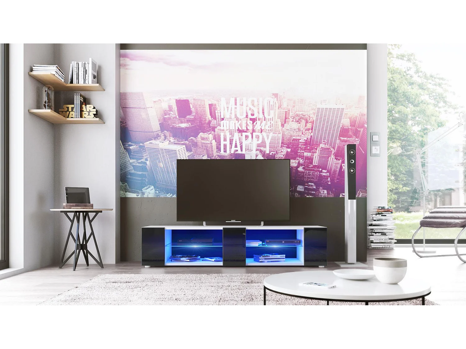 Buffet bas Movie V2, Meuble TV avec 6 compartiments ouverts et placages décoratifs, Blanc mat/Noir brillant, éclairage LED bleu inclus (134 x 29 x 39 cm)
