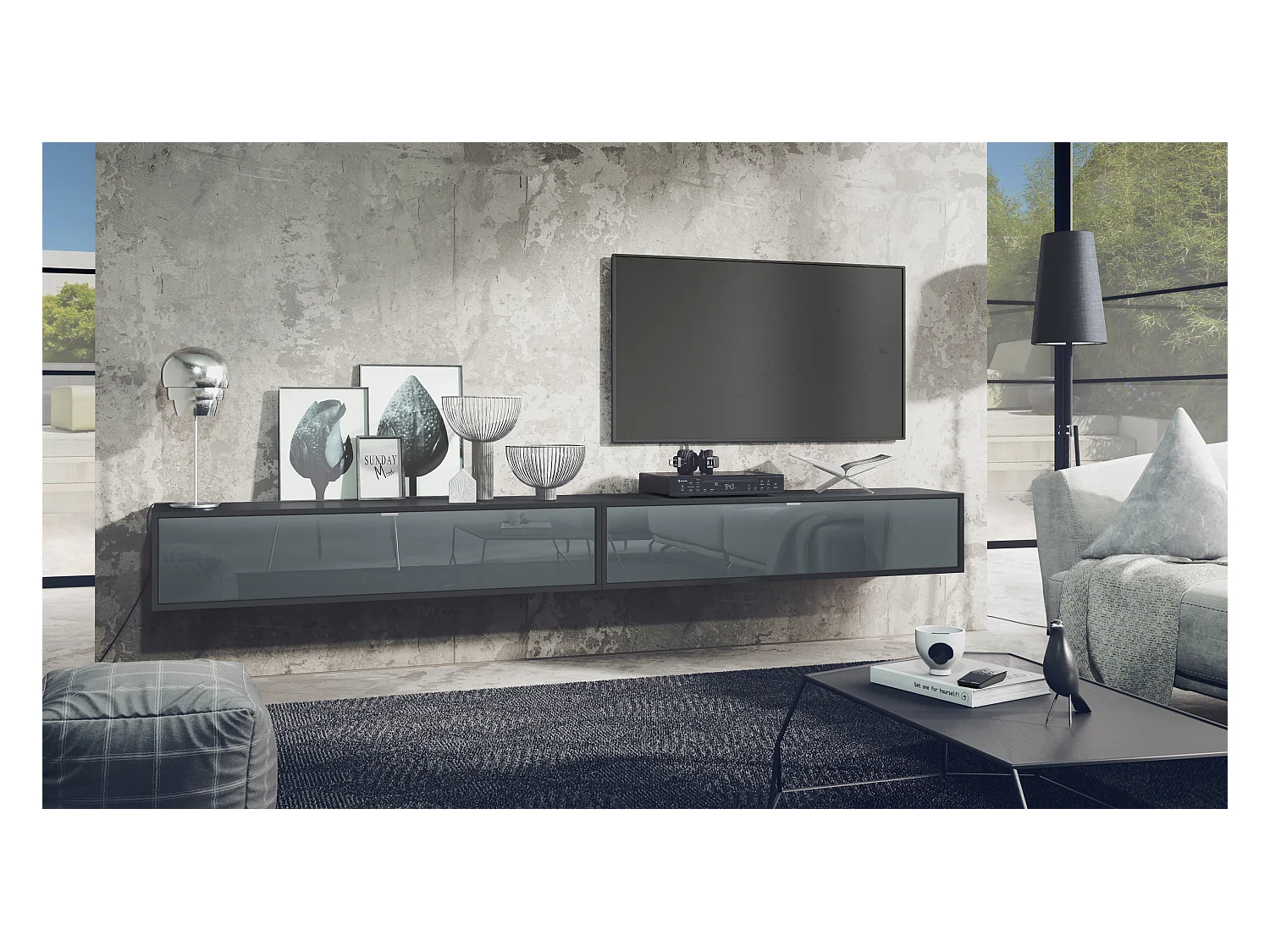 Ensemble de 2 set meuble TV Lana 140, lowboards de 140x29x37 cm chacun avec beaucoup d'espace de rangement, caisson en Noir mat, façades en Gris brillant