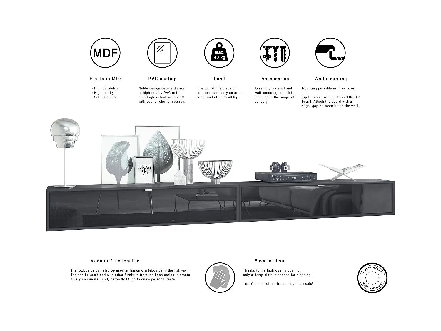 Ensemble de 2 set meuble TV Lana 140, lowboards de 140x29x37 cm chacun avec beaucoup d'espace de rangement, caisson en Noir mat, façades en Gris brillant