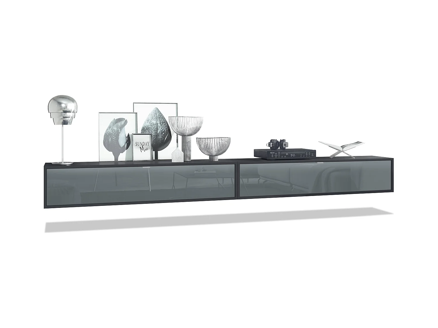 Ensemble de 2 set meuble TV Lana 140, lowboards de 140x29x37 cm chacun avec beaucoup d'espace de rangement, caisson en Noir mat, façades en Gris brillant