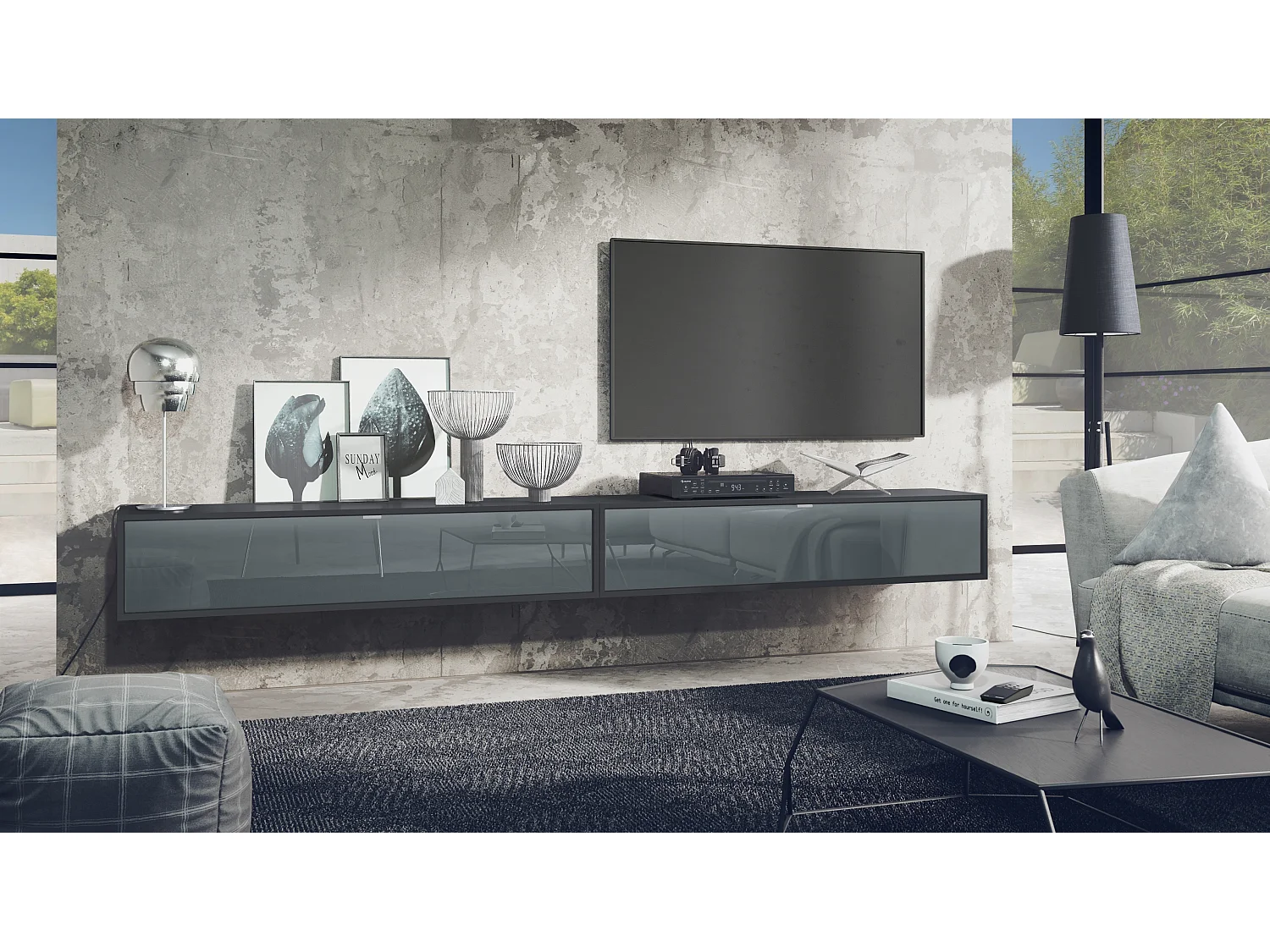 Ensemble de 2 set meuble TV Lana 140, lowboards de 140x29x37 cm chacun avec beaucoup d'espace de rangement, caisson en Noir mat, façades en Gris brillant