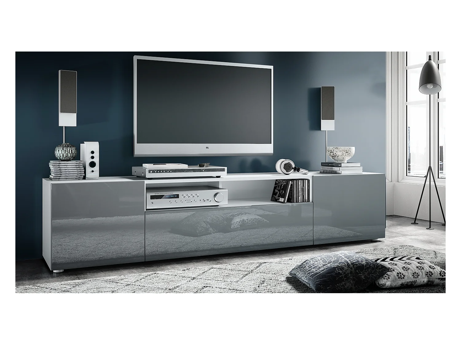 Buffet bas Mogan, Meuble TV avec 2 portes, 1 clapet et 1 compartiment ouvert, Blanc mat/Gris haute brillance (181 x 39 x 35 cm)