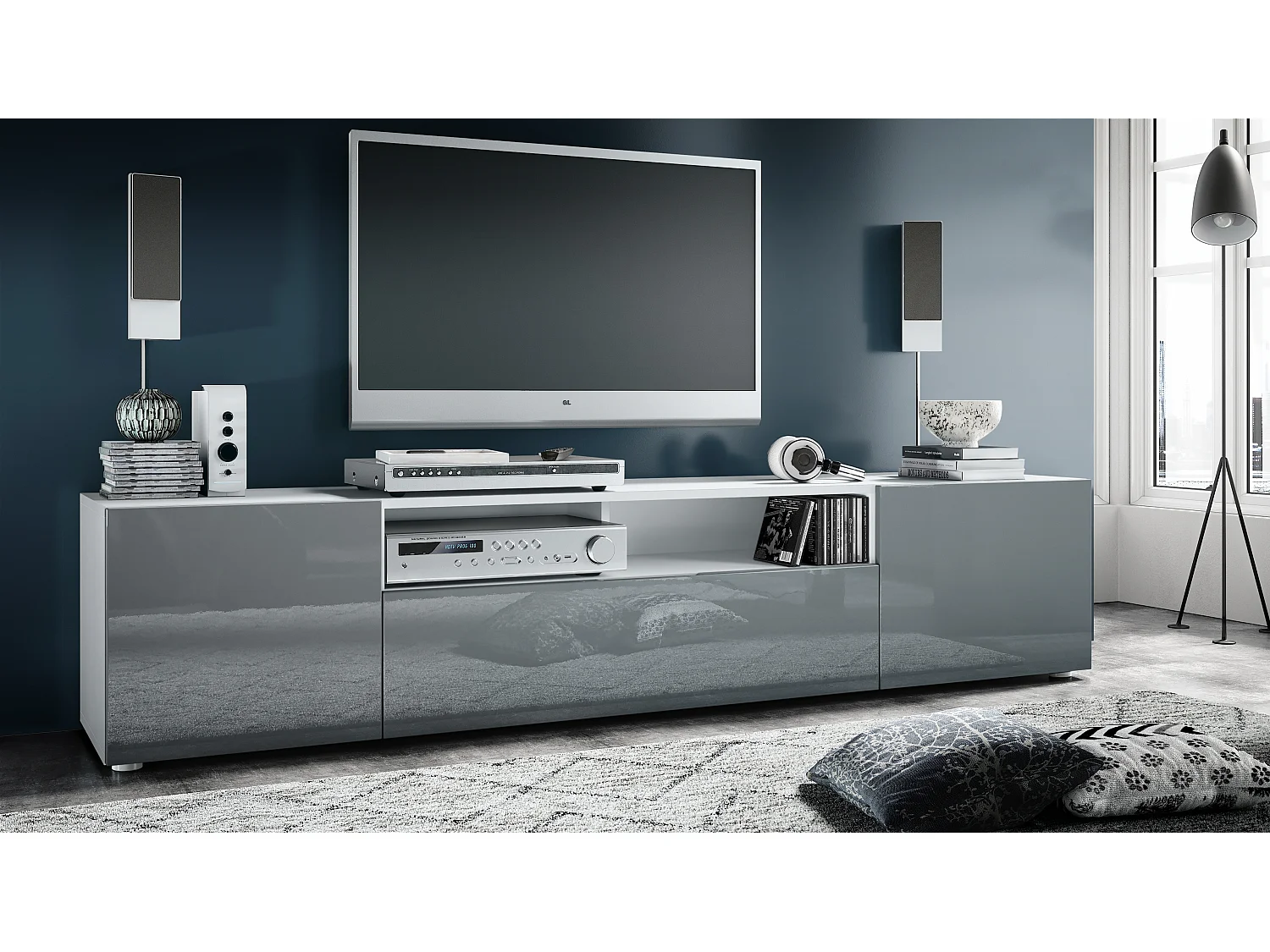 Buffet bas Mogan, Meuble TV avec 2 portes, 1 clapet et 1 compartiment ouvert, Blanc mat/Gris haute brillance (181 x 39 x 35 cm)