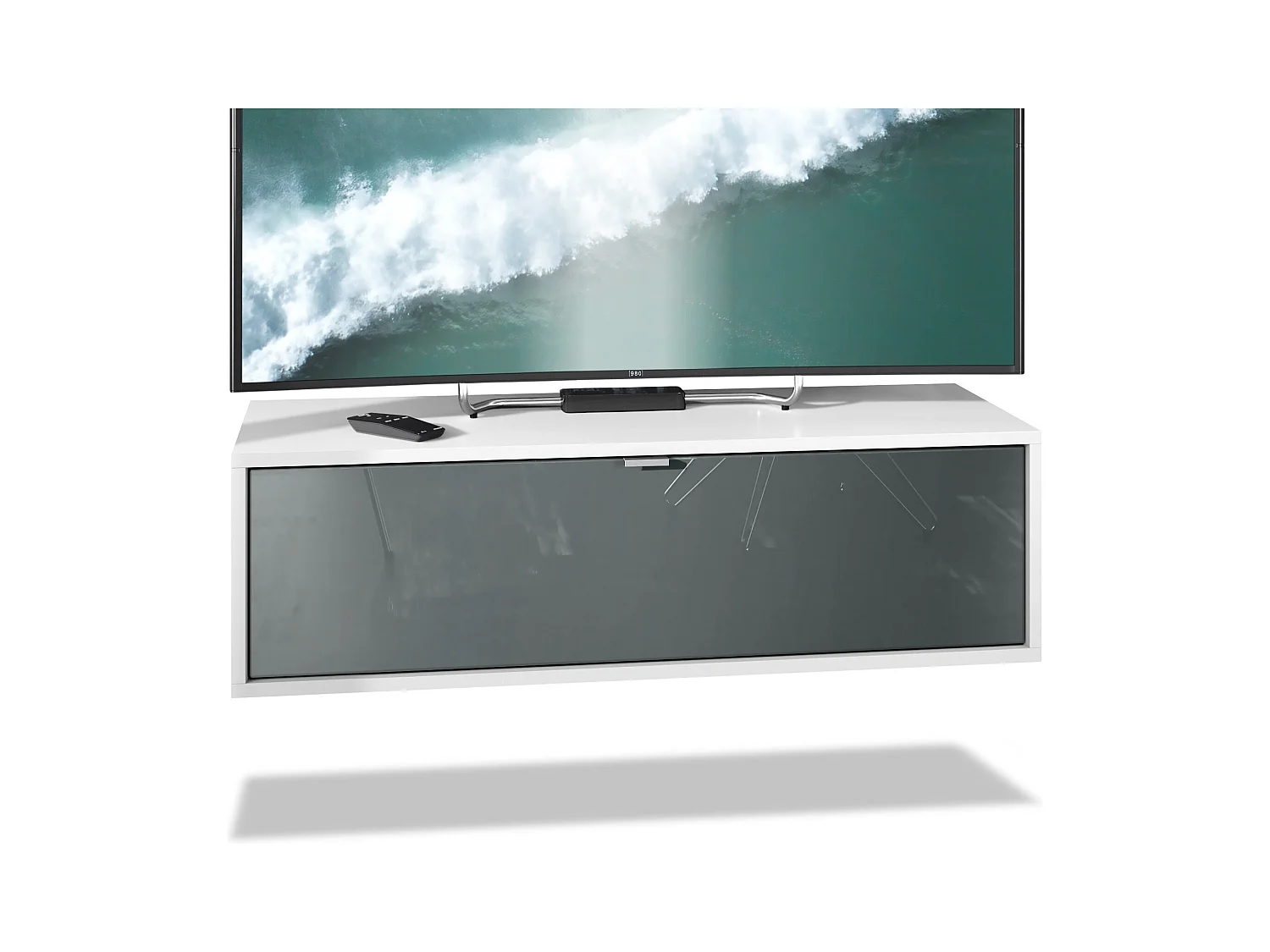 Meuble TV Lana 100 armoire murale lowboard 100 x 29 x 37 cm, caisson en Blanc mat, façades en Gris haute brillance | Grand choix de couleurs