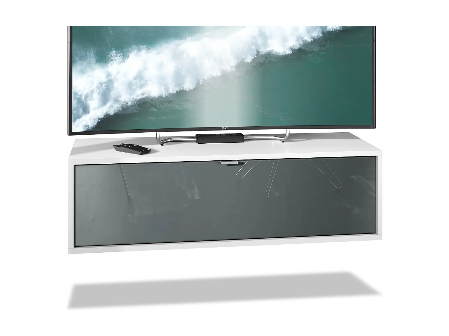 Meuble TV Lana 100 armoire murale lowboard 100 x 29 x 37 cm, caisson en Blanc mat, façades en Gris haute brillance | Grand choix de couleurs