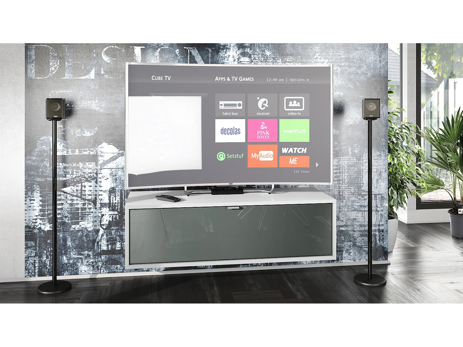 Meuble TV Lana 100 armoire murale lowboard 100 x 29 x 37 cm, caisson en Blanc mat, façades en Gris haute brillance | Grand choix de couleurs