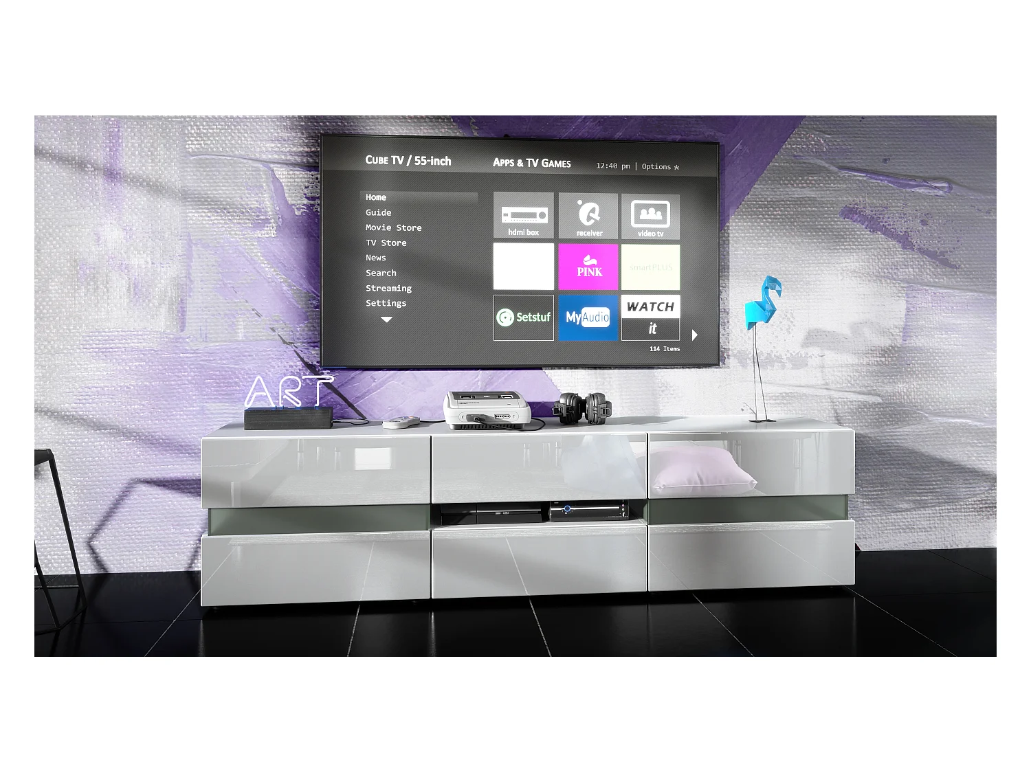 Buffet bas Flow, Meuble TV avec vitre d’ambiance rétroéclairée, 2 portes, 1 tiroir et 1 clapet, Blanc mat/Blanc haute brillance (177 x 45 x 39 cm)