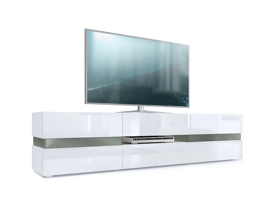 Buffet bas Flow, Meuble TV avec vitre d’ambiance rétroéclairée, 2 portes, 1 tiroir et 1 clapet, Blanc mat/Blanc haute brillance (177 x 45 x 39 cm)