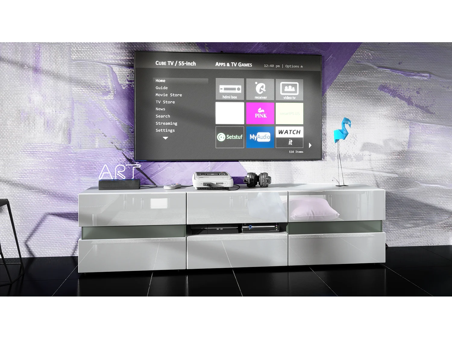 Flow Lowboard, mobile TV con vetro a luce ambiente con 2 ante, 1 cassetto e 1 anta a ribalta, bianco opaco/bianco lucido (177 x 45 x 39 cm)