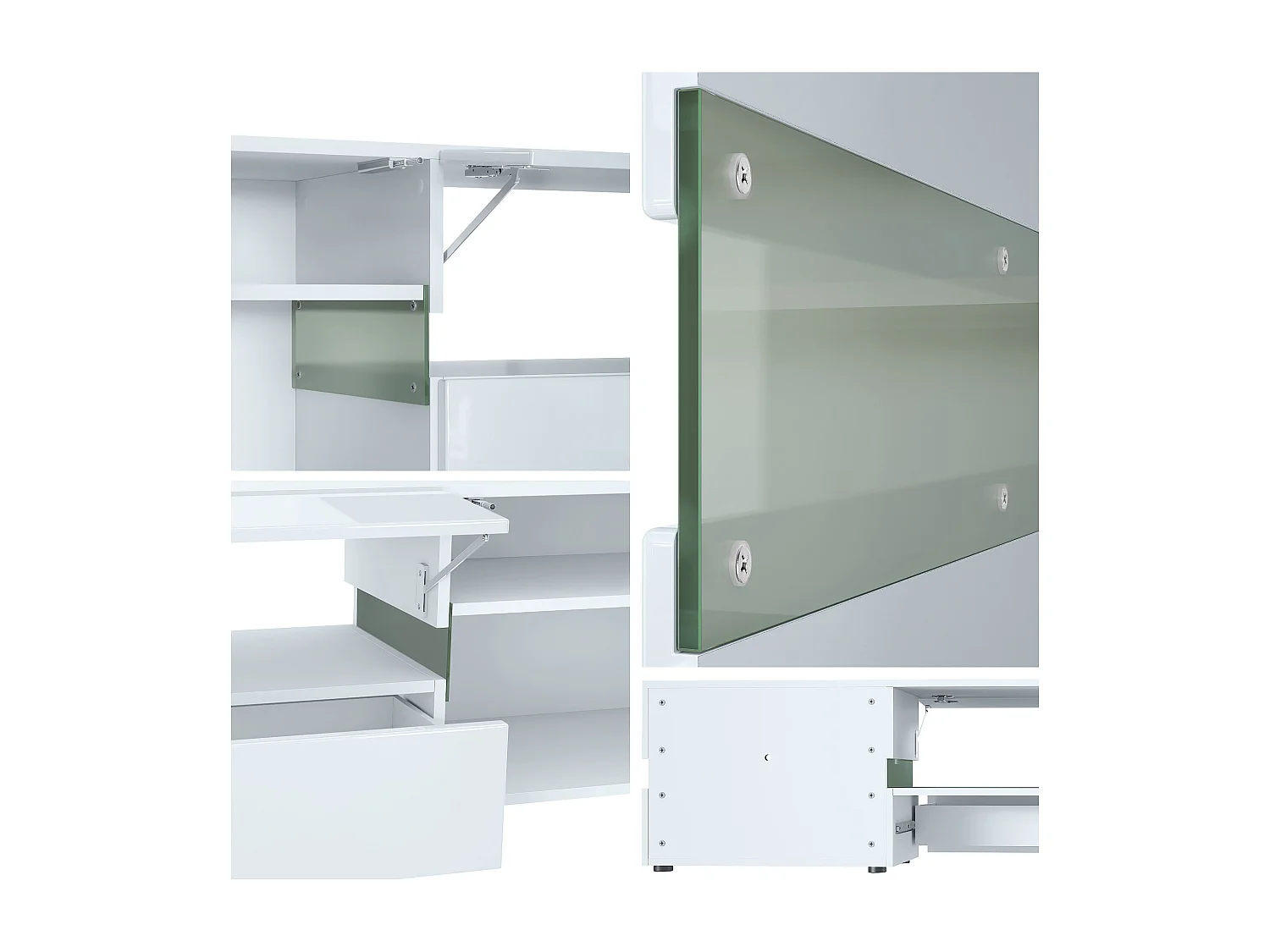 Flow Lowboard, mobile TV con vetro a luce ambiente con 2 ante, 1 cassetto e 1 anta a ribalta, bianco opaco/bianco lucido (177 x 45 x 39 cm)