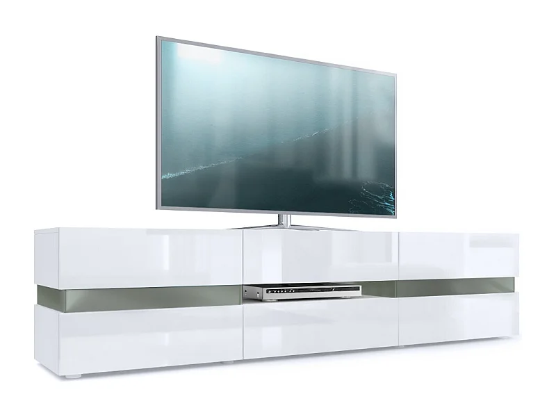 Buffet bas Flow, Meuble TV avec vitre d’ambiance rétroéclairée, 2 portes, 1 tiroir et 1 clapet, Blanc mat/Blanc haute brillance (177 x 45 x 39 cm)
