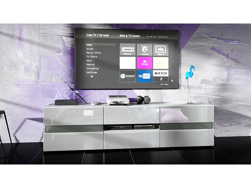 Flow Lowboard, mobile TV con vetro a luce ambiente con 2 ante, 1 cassetto e 1 anta a ribalta, bianco opaco/bianco lucido (177 x 45 x 39 cm)