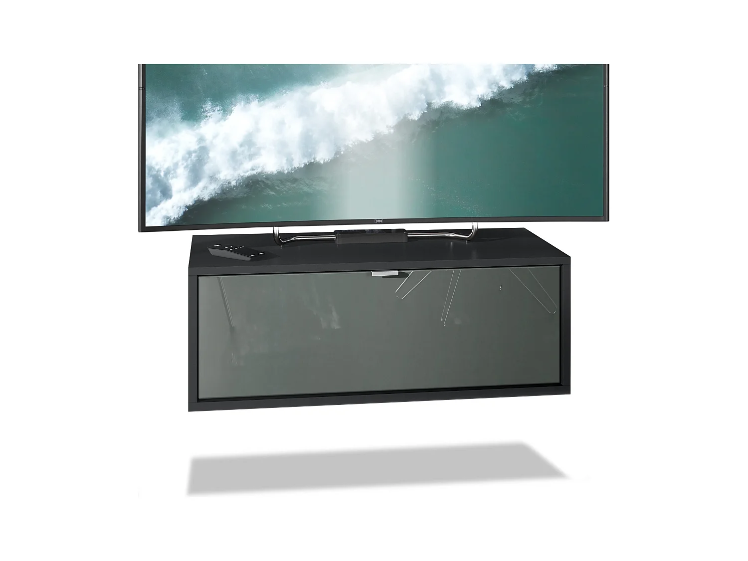 Meuble TV Lana 80 armoire murale lowboard 80 x 29 x 37 cm, caisson en noir mat, façades en gris haute brillance | Grand choix de couleurs