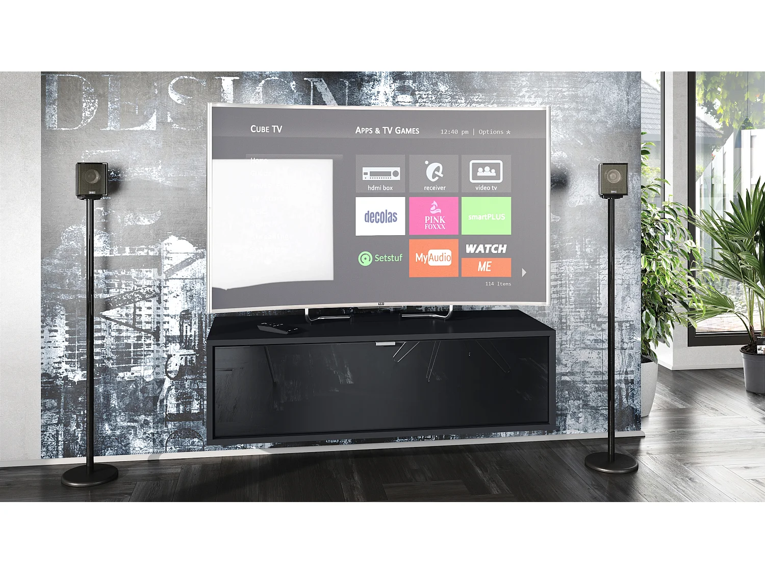 Meuble TV Lana 100 armoire murale lowboard 100 x 29 x 37 cm, caisson en noir mat, façades en noir haute brillance | Grand choix de couleurs