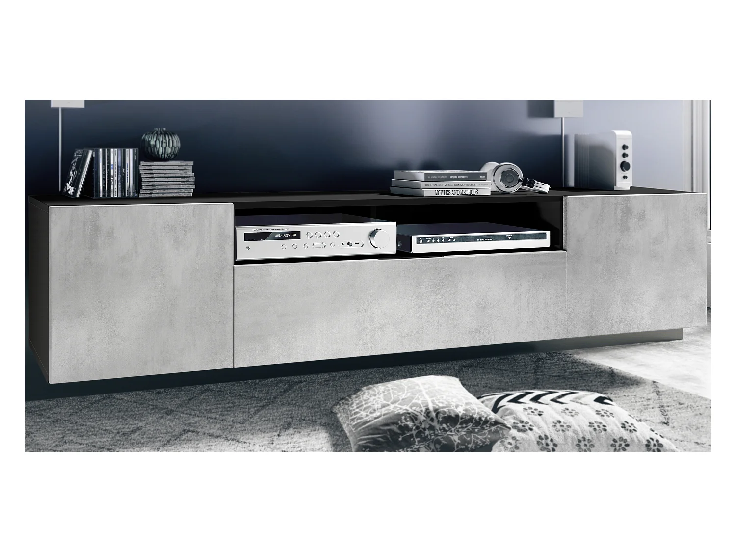 Buffet bas Mogan, Meuble TV avec 2 portes, 1 clapet et 1 compartiment ouvert, Noir mat/Gris haute brillance (181 x 39 x 35 cm)