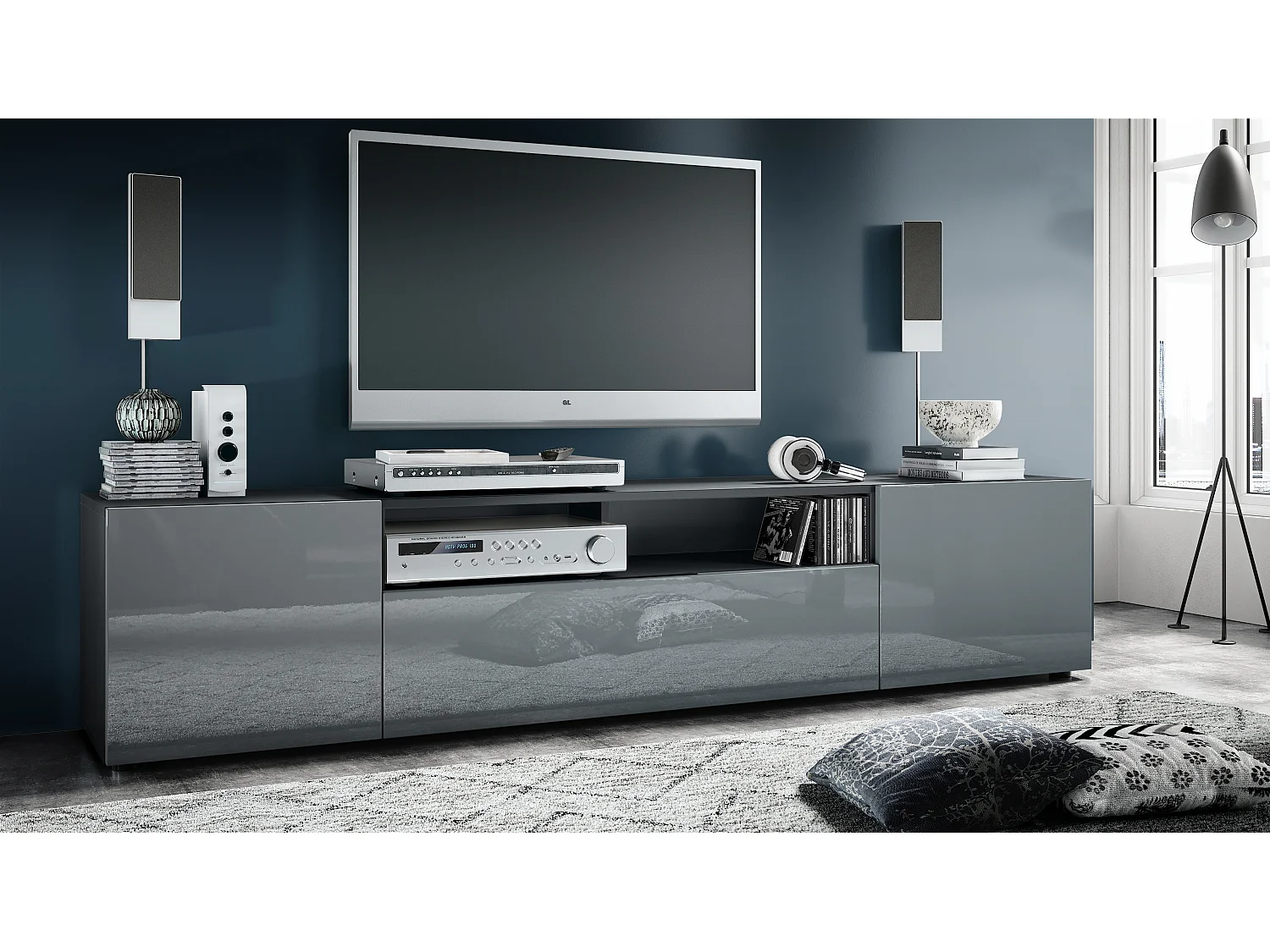 Buffet bas Mogan, Meuble TV avec 2 portes, 1 clapet et 1 compartiment ouvert, Noir mat/Gris haute brillance (181 x 39 x 35 cm)