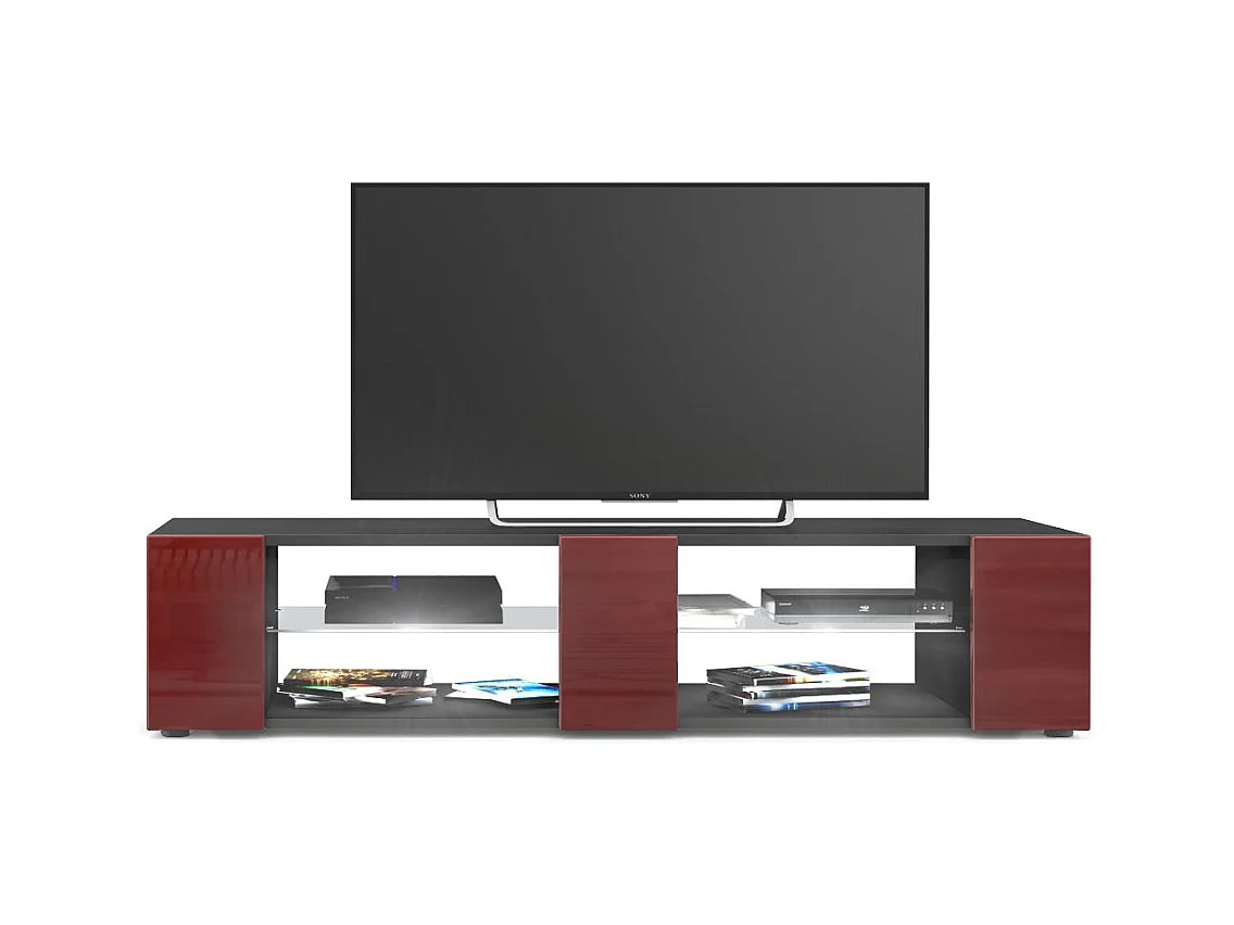 Buffet bas Movie V2, Meuble TV avec 6 compartiments ouverts et placages décoratifs, Noir mat/Bordeaux brillant, éclairage LED blanc inclus (134 x 29 x 39 cm)