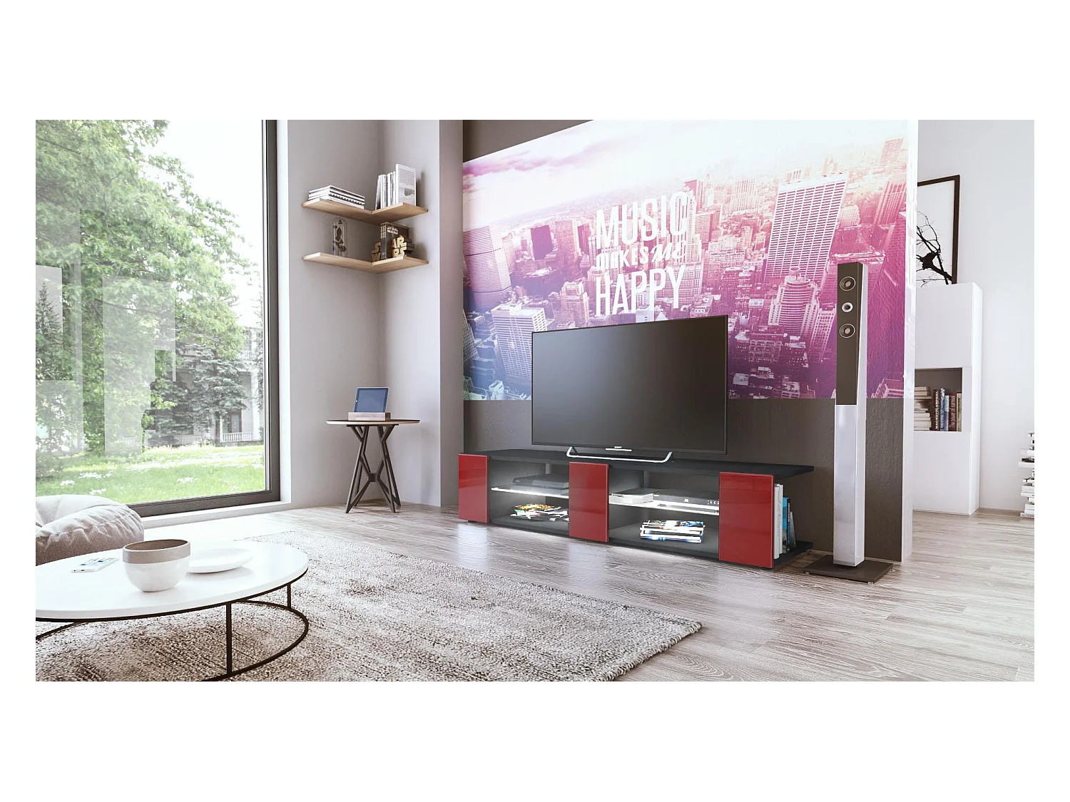 Buffet bas Movie V2, Meuble TV avec 6 compartiments ouverts et placages décoratifs, Noir mat/Bordeaux brillant, éclairage LED blanc inclus (134 x 29 x 39 cm)