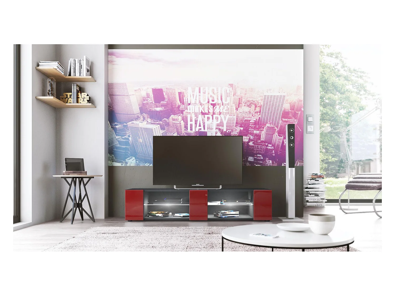 Buffet bas Movie V2, Meuble TV avec 6 compartiments ouverts et placages décoratifs, Noir mat/Bordeaux brillant, éclairage LED blanc inclus (134 x 29 x 39 cm)