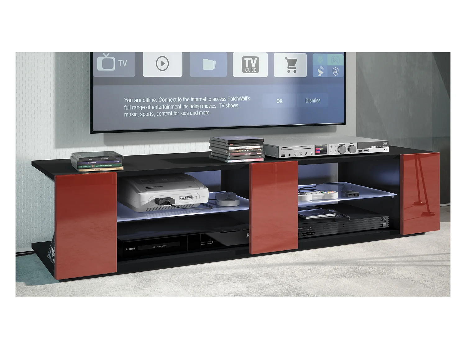 Buffet bas Movie V2, Meuble TV avec 6 compartiments ouverts et placages décoratifs, Noir mat/Bordeaux brillant, éclairage LED blanc inclus (134 x 29 x 39 cm)