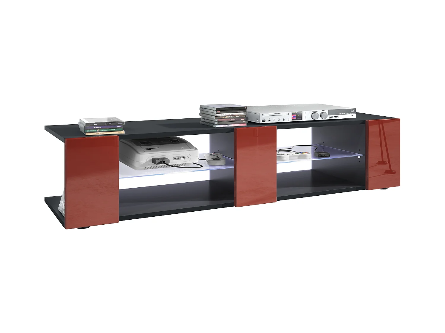 Buffet bas Movie V2, Meuble TV avec 6 compartiments ouverts et placages décoratifs, Noir mat/Bordeaux brillant, éclairage LED blanc inclus (134 x 29 x 39 cm)