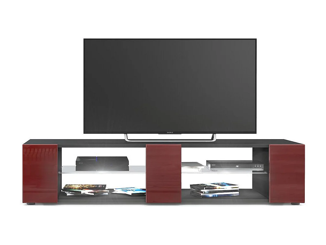 Buffet bas Movie V2, Meuble TV avec 6 compartiments ouverts et placages décoratifs, Noir mat/Bordeaux brillant, éclairage LED blanc inclus (134 x 29 x 39 cm)
