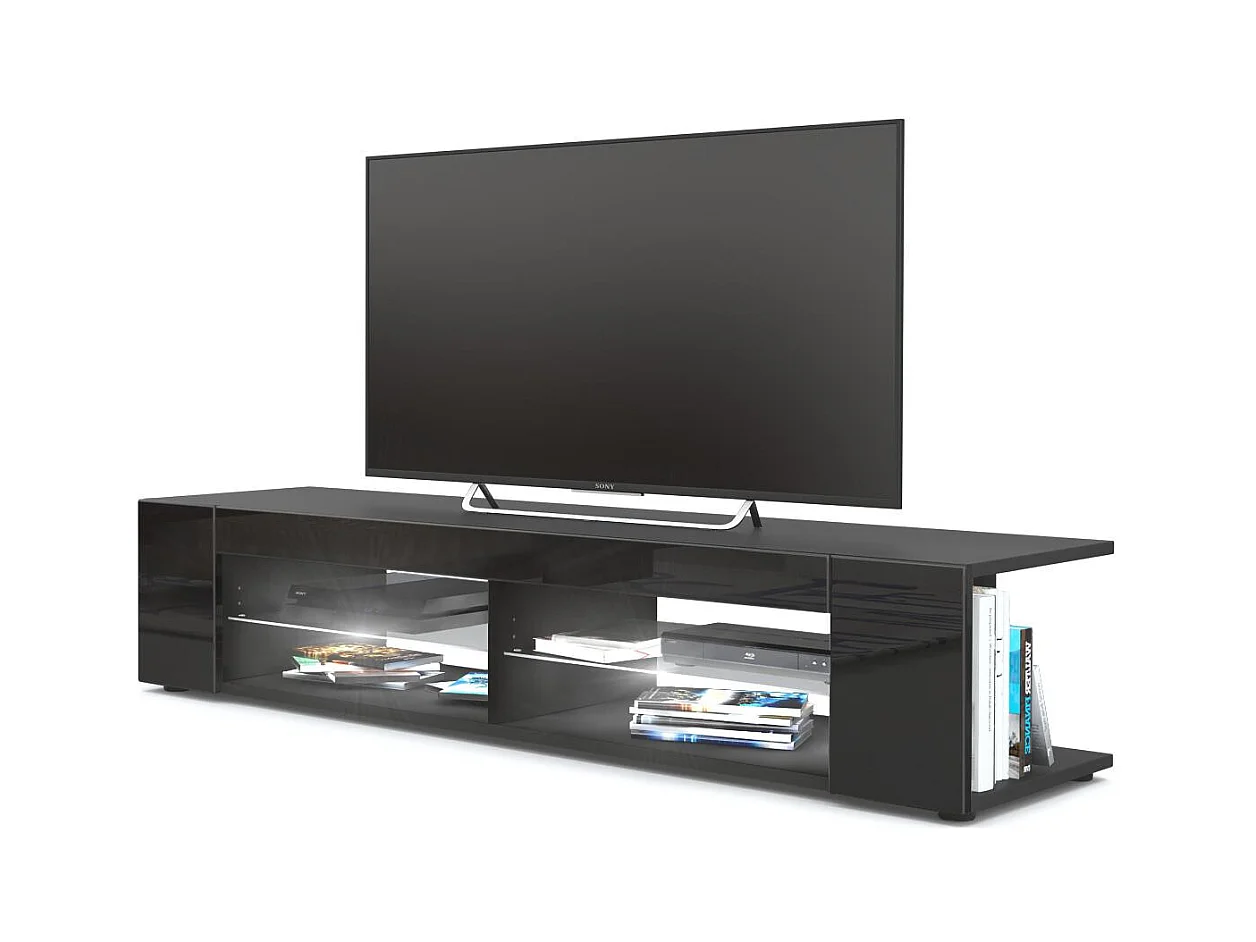 Buffet bas Movie, Meuble TV avec 4 compartiments ouverts et placages décoratifs, Noir mat/Noir haute brillance, éclairage LED blanc inclus (134 x 29 x 39 cm)