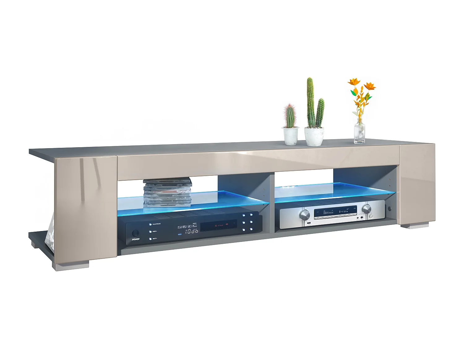 Meuble TV Movie, meuble TV avec 4 compartiments ouverts et moulures décoratives, anthracite mat/ éclairage LED inclus (134,5 x 30,5 x 38,5 cm)