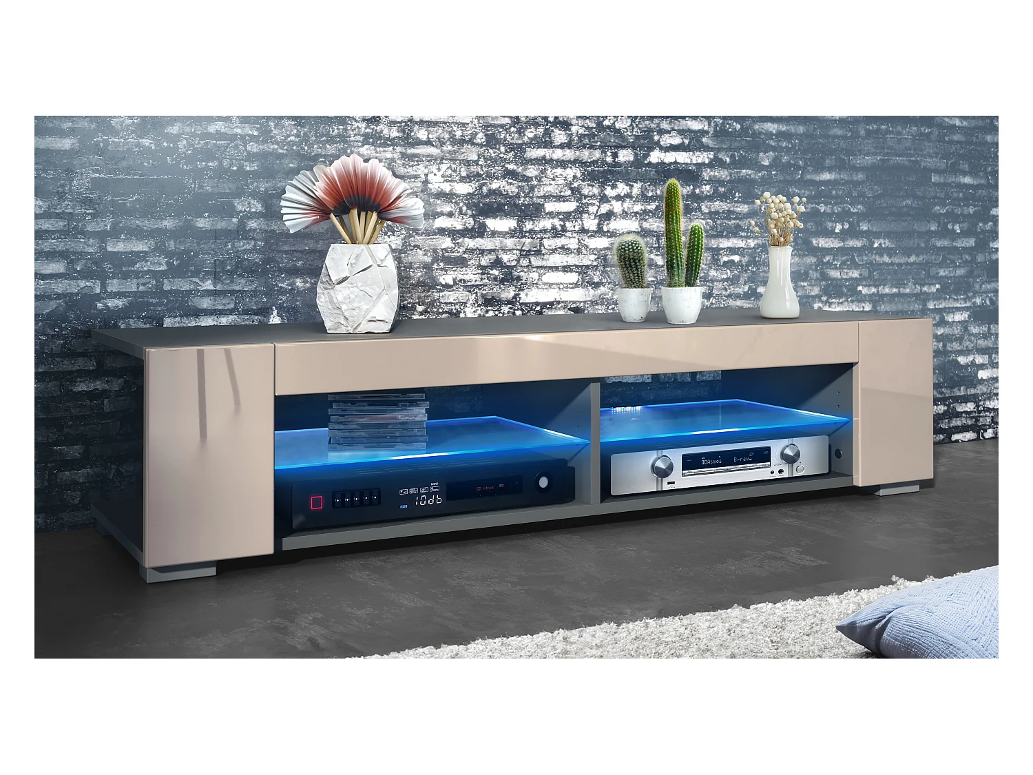 Meuble TV Movie, meuble TV avec 4 compartiments ouverts et moulures décoratives, anthracite mat/ éclairage LED inclus (134,5 x 30,5 x 38,5 cm)