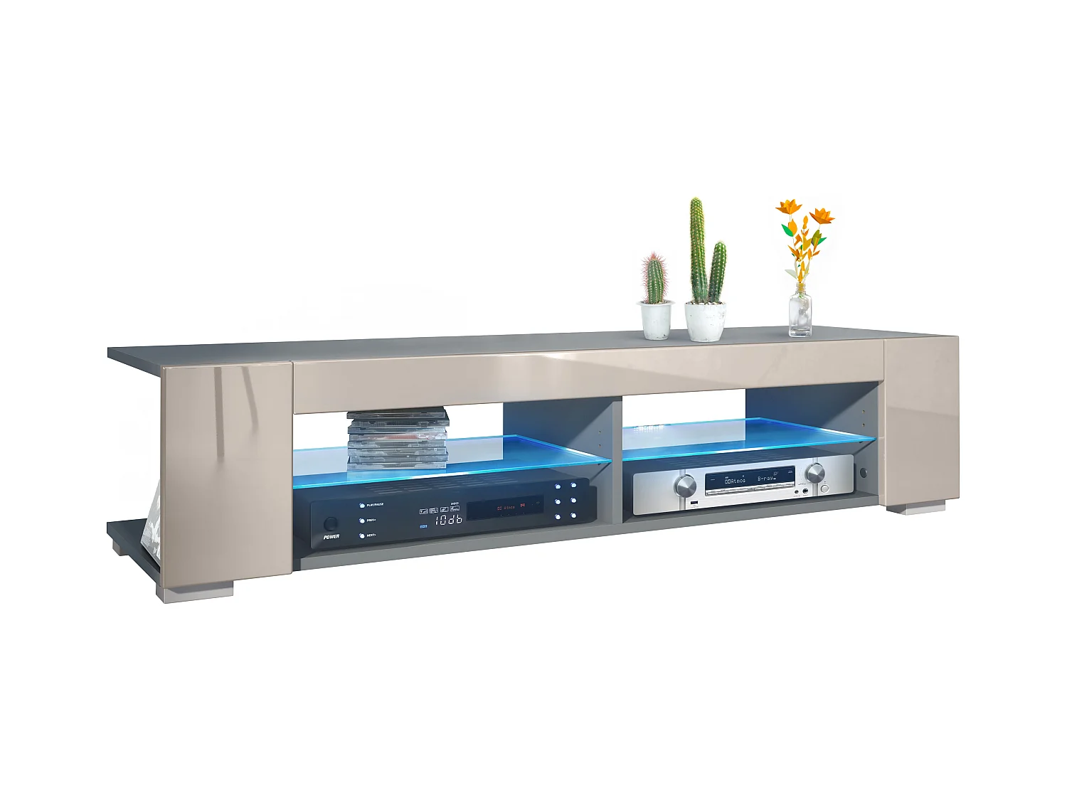 Meuble TV Movie, meuble TV avec 4 compartiments ouverts et moulures décoratives, anthracite mat/ éclairage LED inclus (134,5 x 30,5 x 38,5 cm)