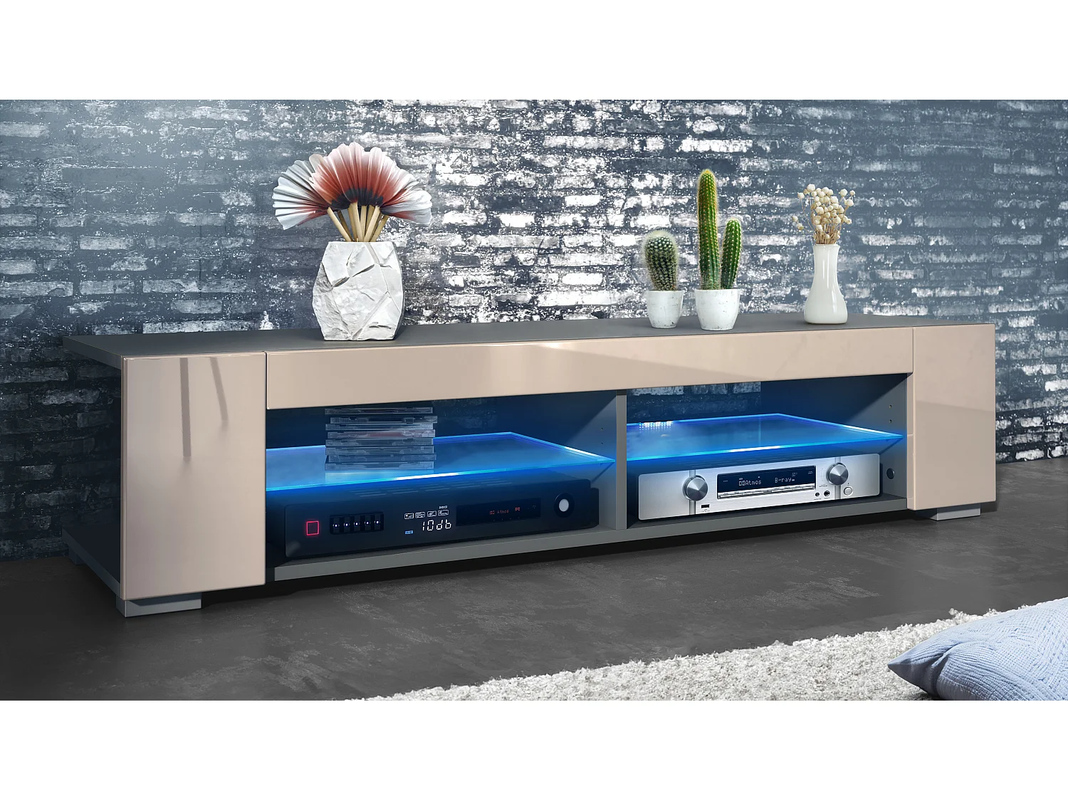 Meuble TV Movie, meuble TV avec 4 compartiments ouverts et moulures décoratives, anthracite mat/ éclairage LED inclus (134,5 x 30,5 x 38,5 cm)