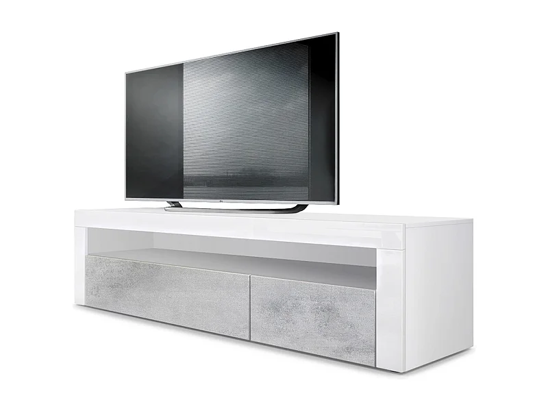 Buffet bas Valencia, Meuble TV avec 1 compartiment ouvert et 2 clapets, Blanc mat/aspect béton oxyde/blanc haute brillance (155 x 46 x 40 cm)